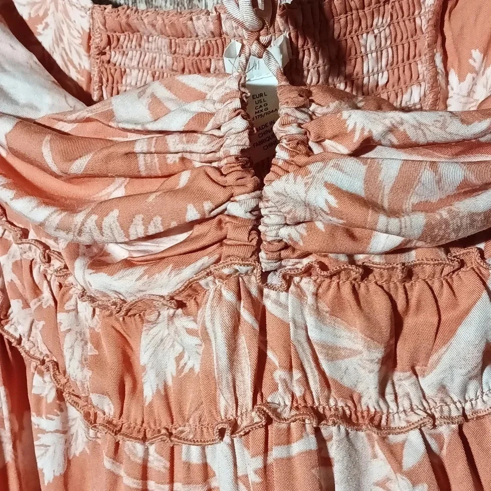 H&M floral cottagecore smocked tie detail halter apricot tropical maxi large - Picture 11 of 12